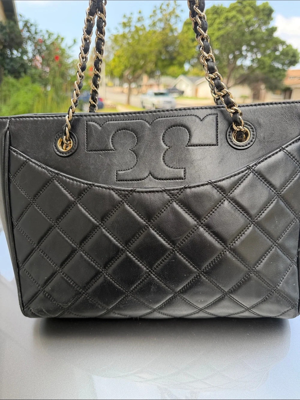 Tory Burch Savannah Tote featuring a prominent embossed double-T & Gold Chain